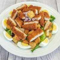 Spring Fever Salad · Crispy breaded chicken, croutons, hard boiled egg, red onion and field greens with honey Dij...