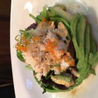 Crab Avocado Salad · Real crab, spring mix and masago with chef's special sauce.