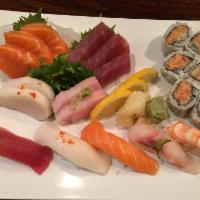 Sushi and Sashimi Combo · 5 pieces sushi, 10 pieces of sashimi and spicy tuna roll. Served with your choice of side.