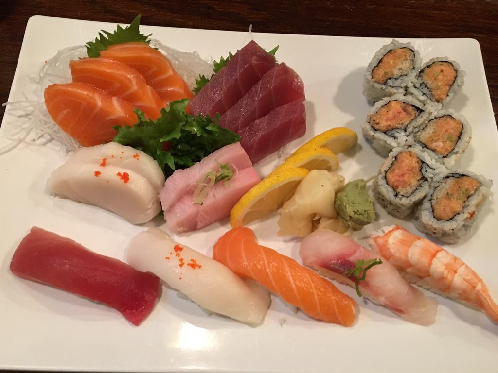 Sushi and Sashimi Combo · 5 pieces sushi, 10 pieces of sashimi and spicy tuna roll. Served with your choice of side.