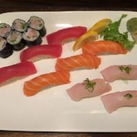 Triple Sushi Combo · 3 pieces of yellowtail, 3 pieces of tuna, 3 pieces of salmon and 1 yellowtail roll. Served w...