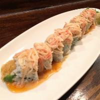 Yummy Roll · Shrimp tempura, spicy tuna and avocado inside. Spicy crab meat on top with spicy peanut sauc...