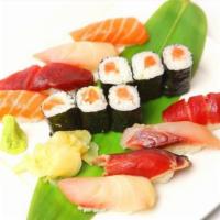 Sushi and Sashimi Regular · 6 pieces sushi and 5 pieces sashimi with tuna roll.