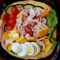 Chef Salad · Mixed greens, oven-roasted ham & turkey, cheddar & Swiss cheese, sliced egg, tomatoes, cucum...