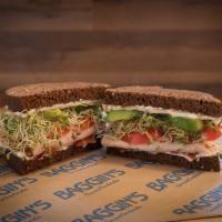 Unforgettable Sandwich · Roasted turkey breast, cream cheese, mayo, crisp bacon, sprouts, tomatoes and avocado on 12 ...