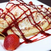 Very Berry Crepe · Fresh strawberry and blueberries topped with raspberry sauce.