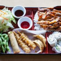 Bento Box - Chicken · Chicken teriyaki, CA rolls (4), prawn (2), gyoza (2), and 1 spring roll.