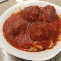 Choice Pasta with Meatballs · Your choice of pasta with our homemade meatballs and marinara sauce. Comes with two garlic k...