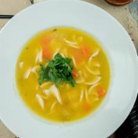 Chicken Noodle Soup · Chicken broth with celery, carrots, roasted chicken & pasta