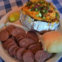 Sausage Plate · Served with choice of any 2 veggies or an overstuffed potato. Overstuffed potato comes with ...