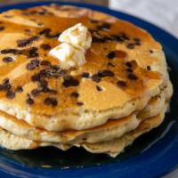 Chocolate Chip Pancakes · Buttermilk pancakes filled with chocolate chips.