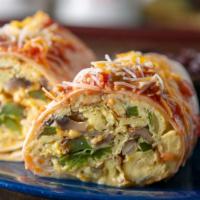 Mexican Burrito · A flour tortilla folded and rolled filled with scrambled eggs, green peppers, onions, mushro...