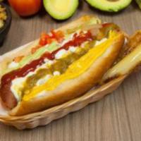 Sonora Hot Dog · Bacon wrapped, beans, grilled onion, tomato, mayonnaise, ketchup, mustard, guacamole, and ja...