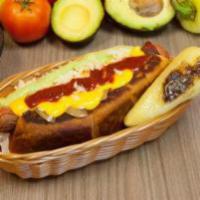 Arizona Hot Dog · Bacon wrapped, toasted bread, Mozarella, nacho cheese, grilled onion, guacamole, and chipotl...