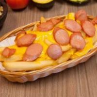 Salchipapas Fries · French fries with sausage and nacho cheese.