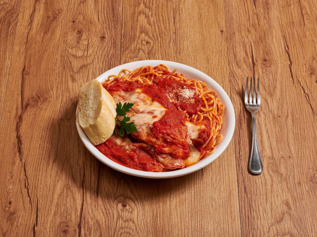 Parmigiana · Chicken or veal cutlet topped with tomato sauce and mozzarella.