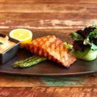 Salmon Fillet · Chargrilled 8 oz. salmon fillet served over sauteed spinach, asparagus, lemon and bouquet gr...