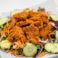 Buffalo Chicken Box (GF) · Cilantro quinoa rice, Spring mix, cucumbers, carrot, and red onion, topped with buffalo soy ...
