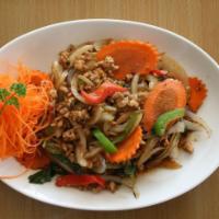 Basil Leaves Dish · Stir-fried with onions, carrot, bell peppers, basil leaves and hot chili. Served with steame...