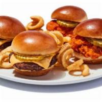 Burger Sliders · Grilled mini burgers topped with American cheese, mustard and a pickle with curly fries.