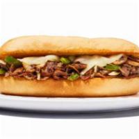 Philly Cheese Steak Sandwich · Topped with sauteed onions, green peppers, mushrooms and provolone cheese and served on a ho...