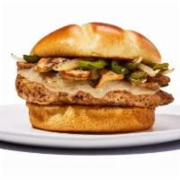 Smothered Chicken Sandwich · Topped with sautéed onions, green peppers and mushrooms. This plump, juicy, grilled chicken ...