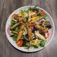 Salad with Fajita Steak or Chicken · Spring mix, Monterey jack & cheddar cheeses, tomatoes, red onions, choice of fajita steak or...