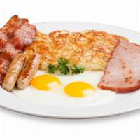 Norms Bigger Better Breakfast · A norm classic! Two farm-fresh eggs paired with two bacon strips, two sausage links, ham, ha...