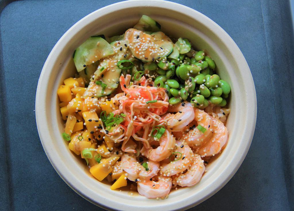 Sweet Chilli Shrimp Bowl · Shrimp, mango, kani salad, cucumber, edamame, rice crackers, roasted sesame and sweet chilli sauce.