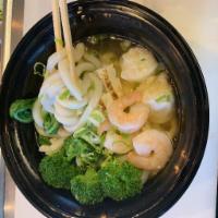 Udon Noodle Soup  · Chicken ,shrimp, 2pcs Shrimp shumai , Mix Vegetables with seafood Broth 