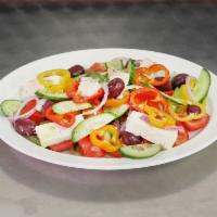GREEK  SALAD · Authentic Greek Salad - Tomatoes - Cucumber - Onions - Feta Cheese - Kalamata Olives - Peppe...