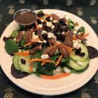 CRANBERRY PECAN SALAD · W/ MIXED GREENS, CRUMBLED BLEU CHEESE, & MAPLE BALSAMIC VINAIGRETTE ON SIDE