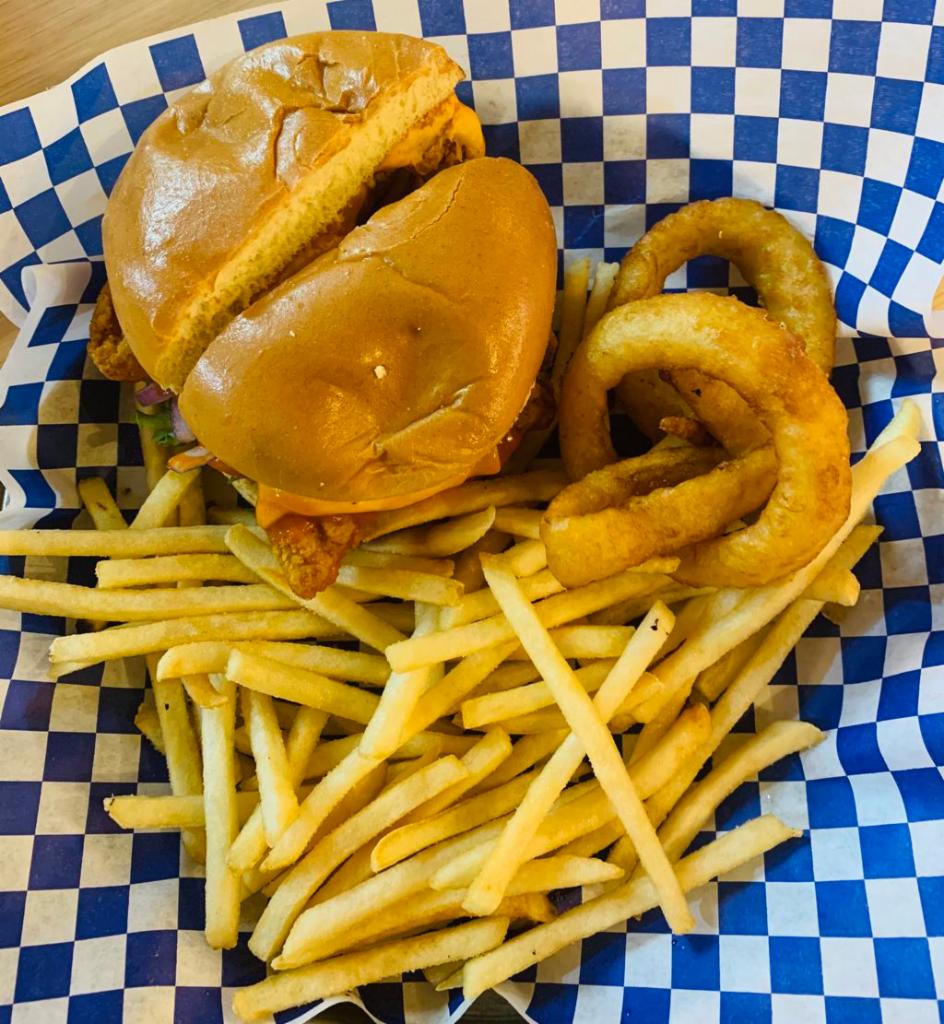Chicken Burger · Hot and spicy chicken, American cheese, lettuce, tomato and spicy mayonnaise. Served with fries and onion rings.