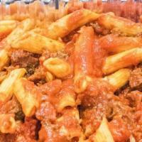 Mostaccioli · Penne pasta baked with ground beef in our house red sauce with melted mozzarella on top.  Se...