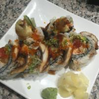 SFPD Roll · Spicy tuna, imitation crab, shrimp tempura roll topped with eel and tobiko.
