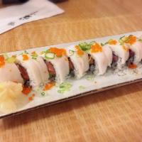 Yummy-yummy Roll · Smoked salmon, cream cheese, avocado topped with white tuna, tobiko and scallions and spicy ...