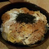 Katsu Don · Pork cutlet mixed with onion and egg over rice. Served with miso soup, salad and rice.