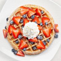 Berry Berry Belgian Waffle · Description: Fresh strawberries, blueberries, whipped cream, powdered sugar.
