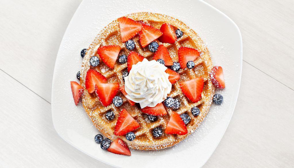 Berry Berry Belgian Waffle · Fresh strawberries, blueberries, whipped cream and powdered sugar.