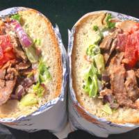 Pork Gyro Hero Sandwich · Double portion of our Hand-stacked, slow roasted Pork Gyro on a lightly grilled Hero sandwic...