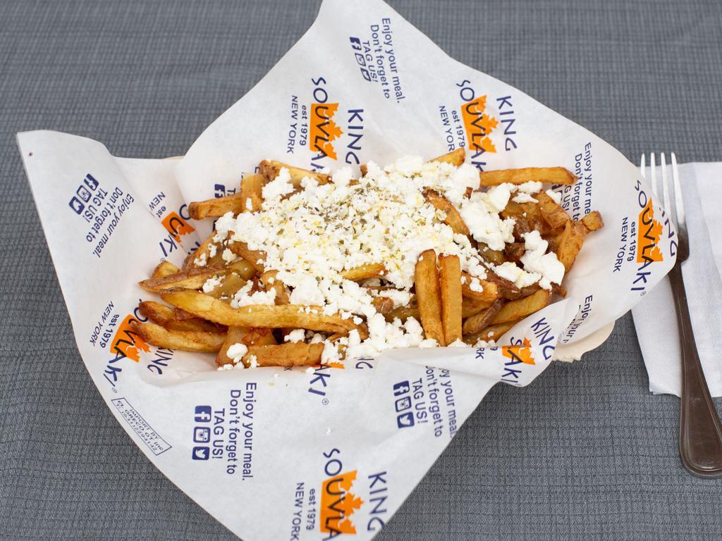 Greek Fries · Topped with Greek Feta Cheese, salt, & oregano!