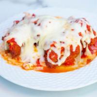 Chicken Parmigiano Dinner · Breaded Chicken, Marinara Sauce, Mozzarella Cheese and Garlic Bread
