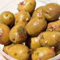 Cracked Olives · Marinated in Oil, Vinegar, Parsley  Garlic, Red Pepper Flakes