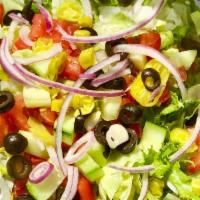 Mixed Green Salad · Mixed greens, Roma tomatoes, cucumbers, pepperoncini's, black olives and red onions.