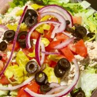Tuna Salad · Mixed greens, tuna salad, Roma tomatoes, pepperoncini's, black olives and red onions.