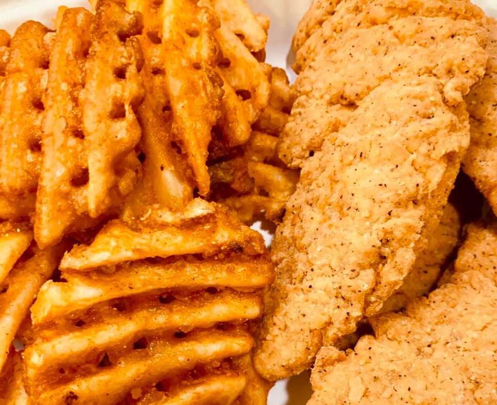 Breaded Chicken Fingers & Fries · 3/4 lb. portion of our chicken fingers with your choice of fries, includes three dipping sauce sides of your choice.