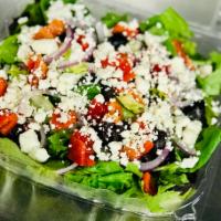 Mediterranean Salad · Spring Mix & Hand Chopped Romaine, Sliced Red Onions, Diced Tomatoes, Sliced Kalamata Olives...