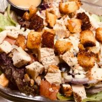 Grilled Chicken House Salad · Spring Mix & Hand Chopped Romaine, 4oz Portion of Grilled Chicken, Sliced Black Olives, Dice...
