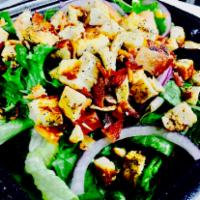Grilled Chicken Bacon Salad · Spring Mix & Hand Chopped Romaine, 4oz of Grilled Chicken, Thick Cut Bacon Pieces, Diced Tom...
