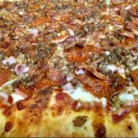 Meat Lovers Pizza · Our Homemade Red Pizza Sauce, Freshly Shredded Mozzarella, Chopped Virginia Ham, Italian Sau...